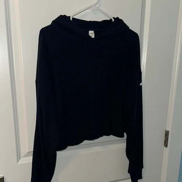 Alo Muse Cropped Ribbed Hoodie Sweatshirt Navy Blue - Picture 3 of 6